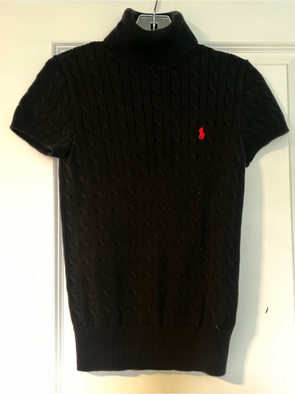 Ralph Lauren Black Cable-Knit Short-Sleeve Turtleneck with Red Pony
